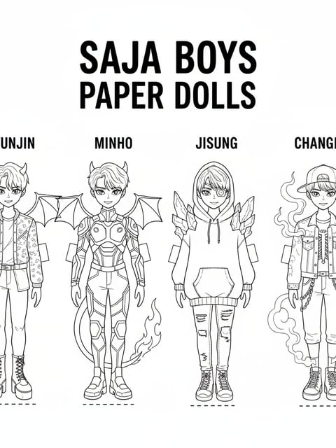 Dibujo para colorear para imprimir de muñecos de papel de Saja Boys con trajes de idol y demonio