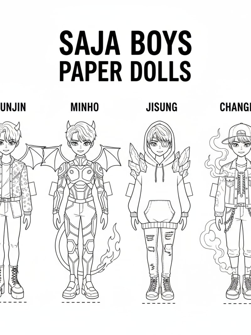 Saja Boys paper dolls with idol and demon outfits printable cut-and-color activity