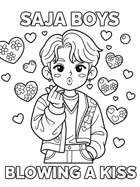 Dibujo para colorear de Romance de Saja Boys lanzando un beso al público rodeado de corazones