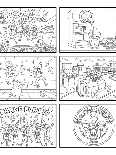 Dibujo para colorear de Saja Boys recreando Soda Pop en viñetas estilo cómic de acción