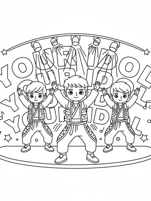 Dibujo para colorear de Saja Boys bailando sincronizados bajo luces de escenario con la letra de Your Idol al fondo