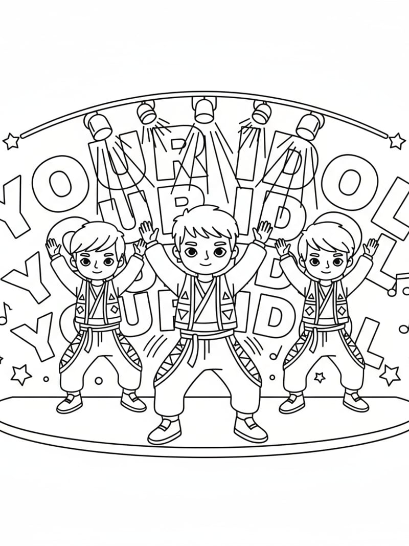 Saja Boys dancing in sync under glowing stage lights with Your Idol lyrics