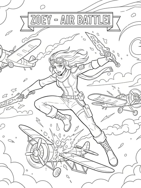 Dibujo para colorear de Zoey saltando en pleno combate de avión con dagas Shin-Kal activadas