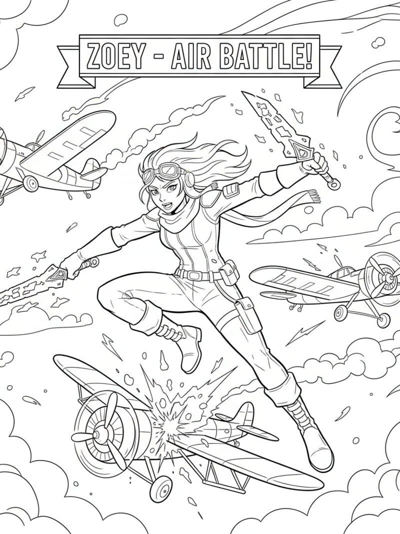 Zoey jumping mid-air in airplane battle with Shin-Kal daggers activated action scene