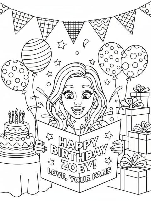 Dibujo para colorear de Zoey sosteniendo una tarjeta de cumpleaños de fans con expresión feliz y sorprendida