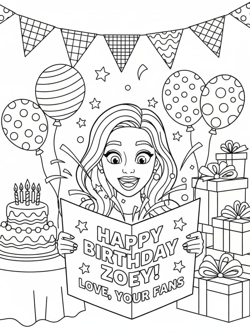 Zoey holding birthday card from fans surprised and happy celebration