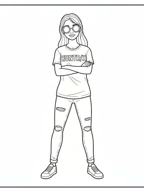 Dibujo para colorear de Zoey con gafas de sol, brazos cruzados y camiseta HUNTR/X casual
