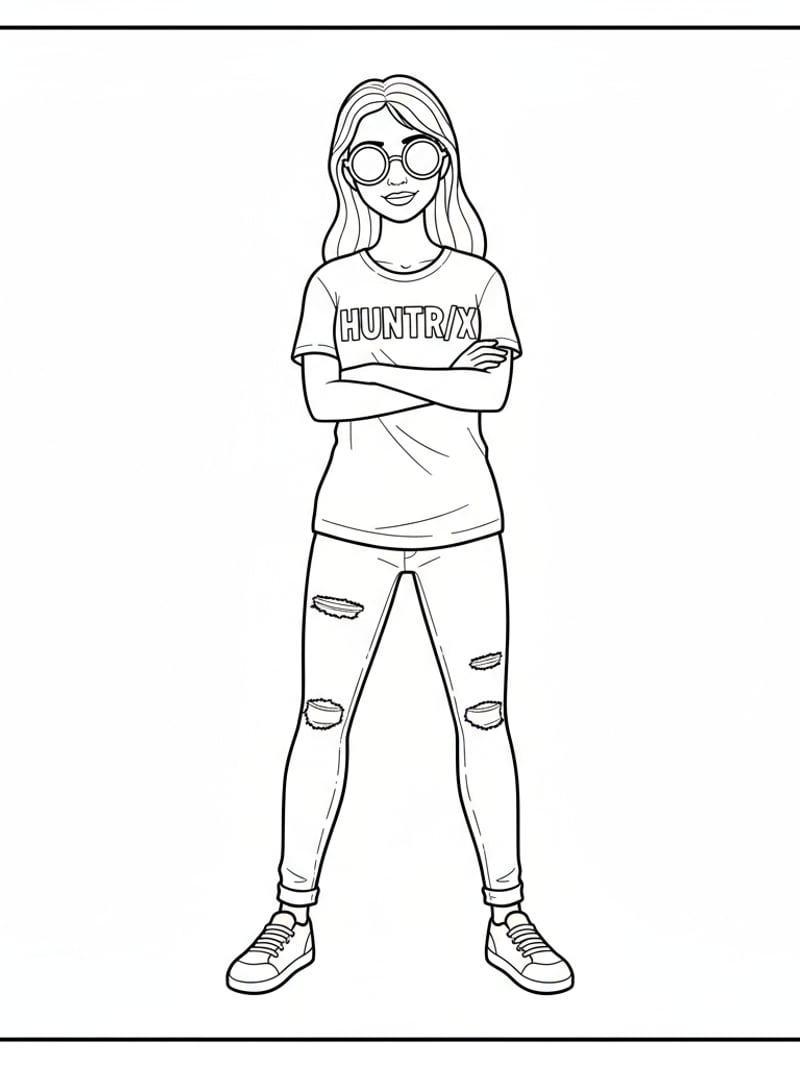 Zoey standing arms crossed wearing sunglasses casual outfit HUNTR/X logo T-shirt