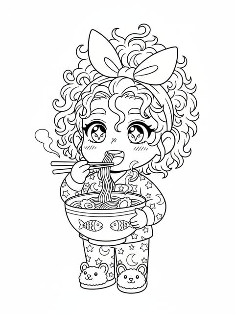 Dibujo para colorear de Zoey chibi comiendo ramen en pijama con cabello despeinado y expresión tierna