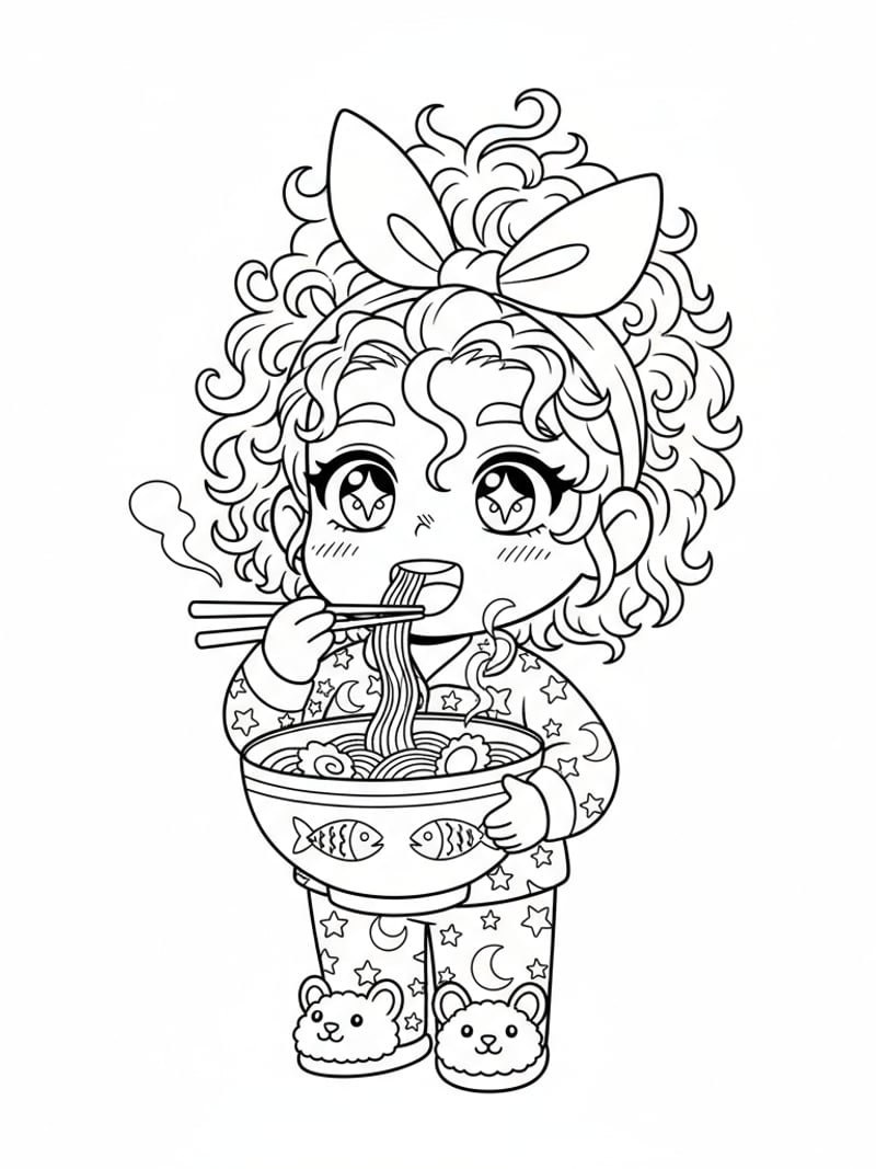 Chibi Zoey eating ramen in pajamas with messy hair cute expression