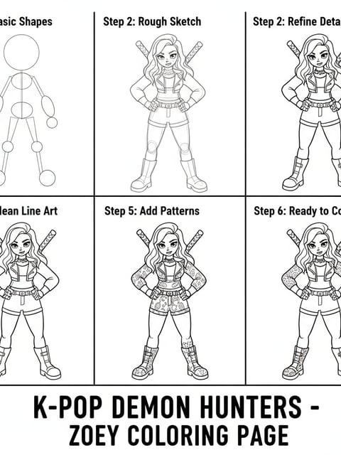 Dibujo para colorear tipo tutorial paso a paso de Zoey de KPOP Demon Hunters en pose heroica