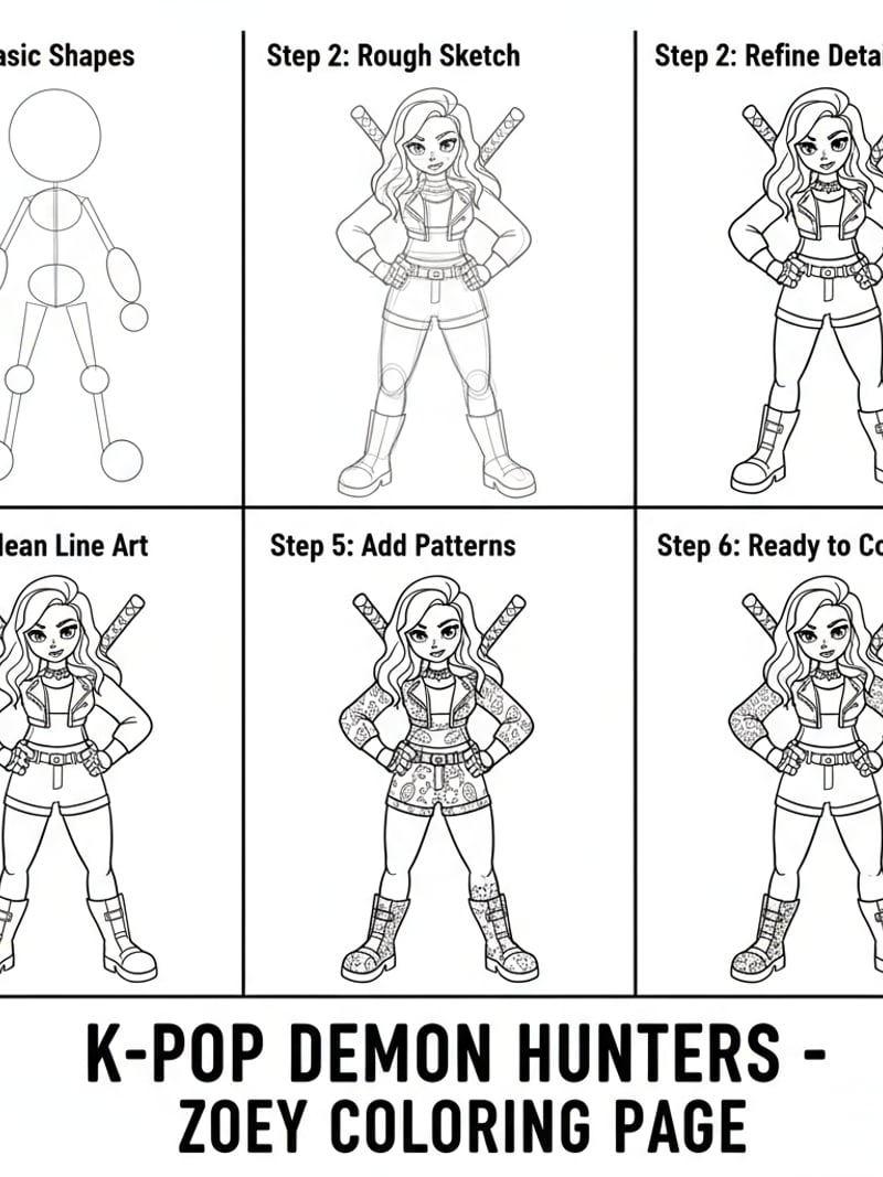 Step-by-step drawing tutorial of Zoey from K-Pop Demon Hunters in hero pose line art guide