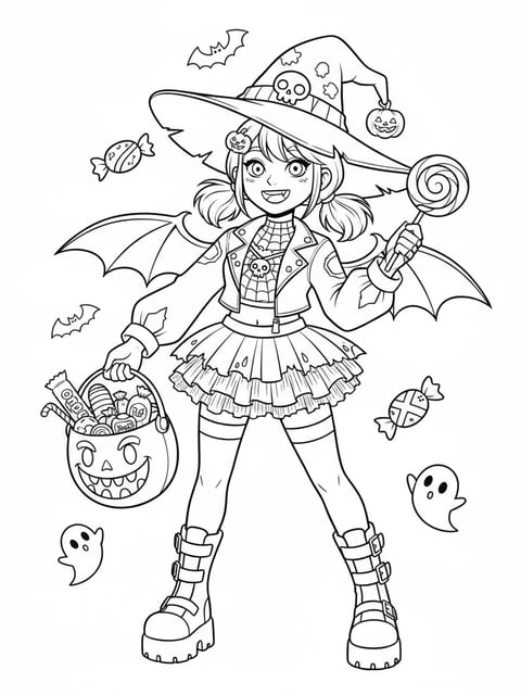 Dibujo para colorear de Zoey con disfraz de Halloween inspirado en su traje de batalla K-pop y dulces