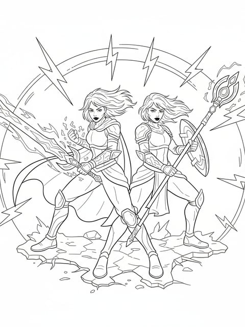 Dibujo para colorear de Zoey y Mira espalda con espalda en pose de batalla con armas y efectos de energía