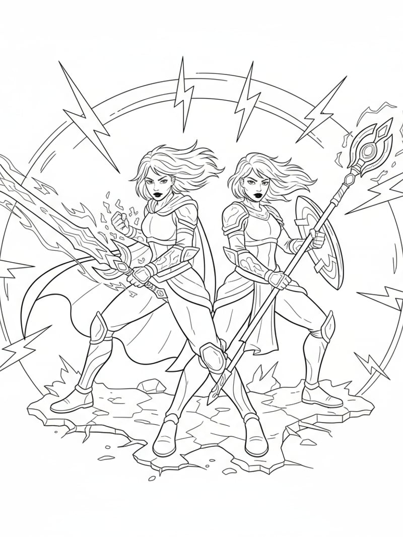 Zoey and Mira back-to-back in battle poses with energy effects and weapons drawn