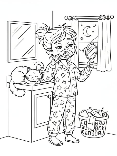 Dibujo para colorear de Zoey en pijama cepillándose los dientes, soñolienta y adorable