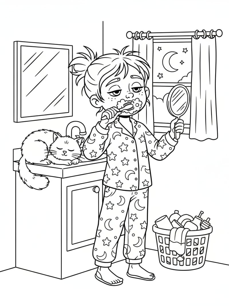 Zoey in pajamas brushing teeth sleepy but adorable slice-of-life
