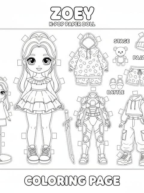 Dibujo para colorear para imprimir de muñeca de papel de Zoey con trajes de escenario, pijama, batalla y casual