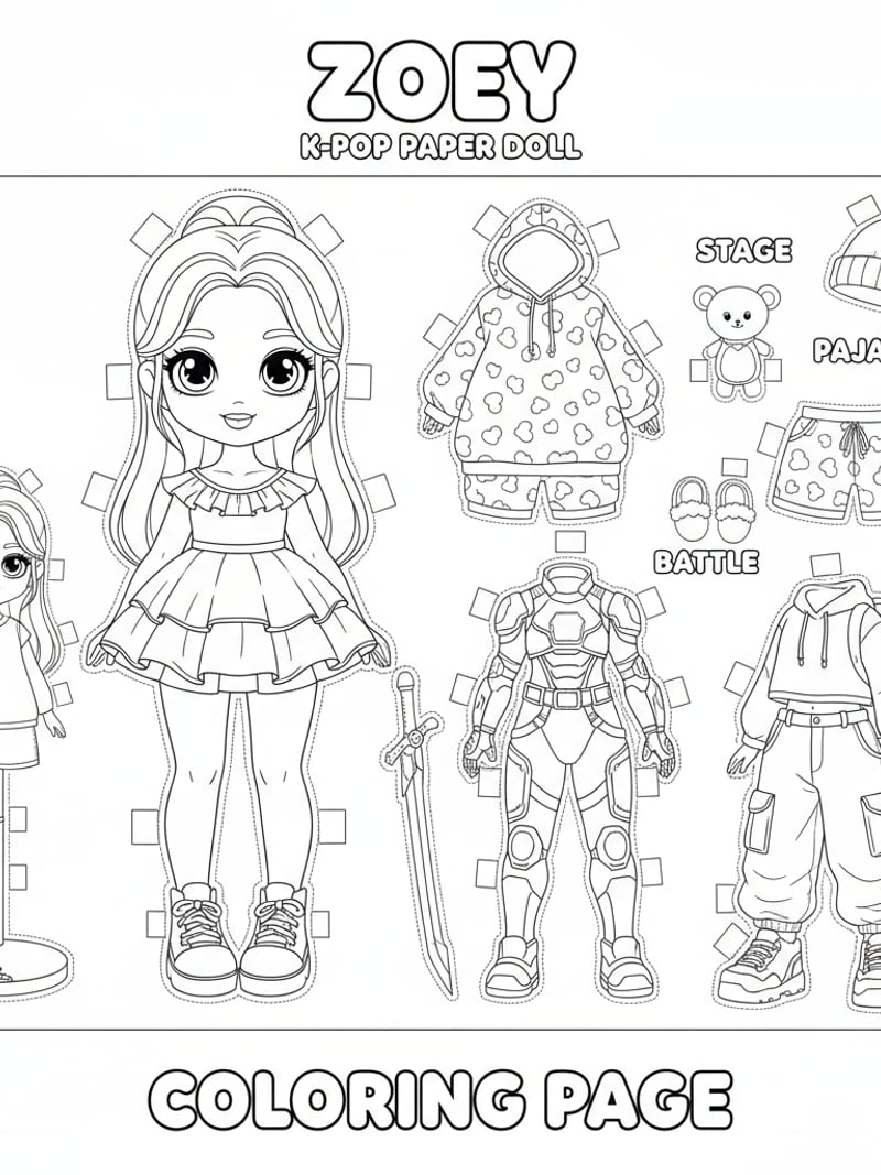 Zoey K-pop paper doll with multiple outfits stage pajamas battle and casual