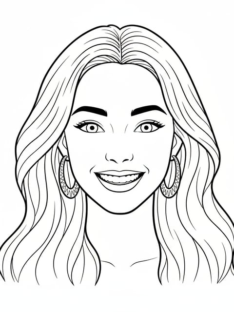 Dibujo para colorear de retrato cercano de Zoey sonriendo con pendientes visibles y cabello al viento