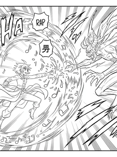 Dibujo para colorear estilo viñeta anime de Zoey usando hechizos de rap para bloquear un ataque demoníaco
