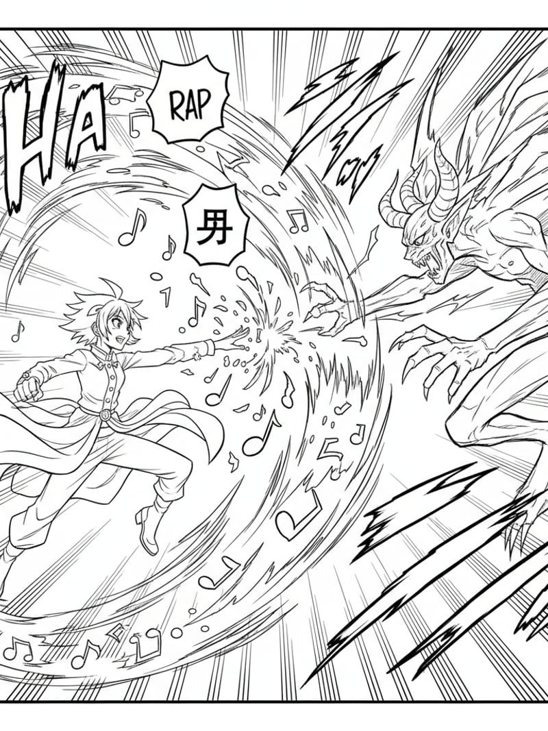 Anime comic panel Zoey using rap spells blocking demon attack with motion lines