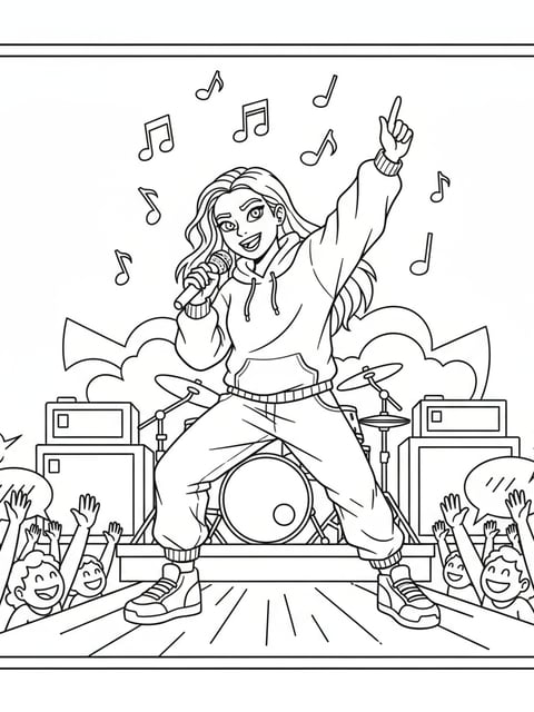 Dibujo para colorear de Zoey rapeando en un concierto con micrófono, notas musicales y fans animando