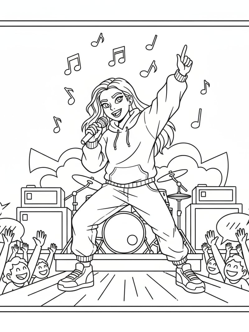 Zoey rapping on concert stage with microphone surrounded by music notes and cheering fans