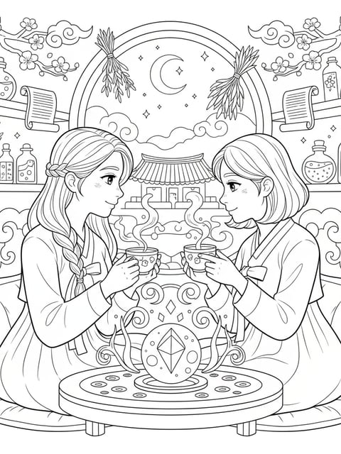 Dibujo para colorear de Zoey y Rumi compartiendo un momento sincero en una clínica coreana mágica
