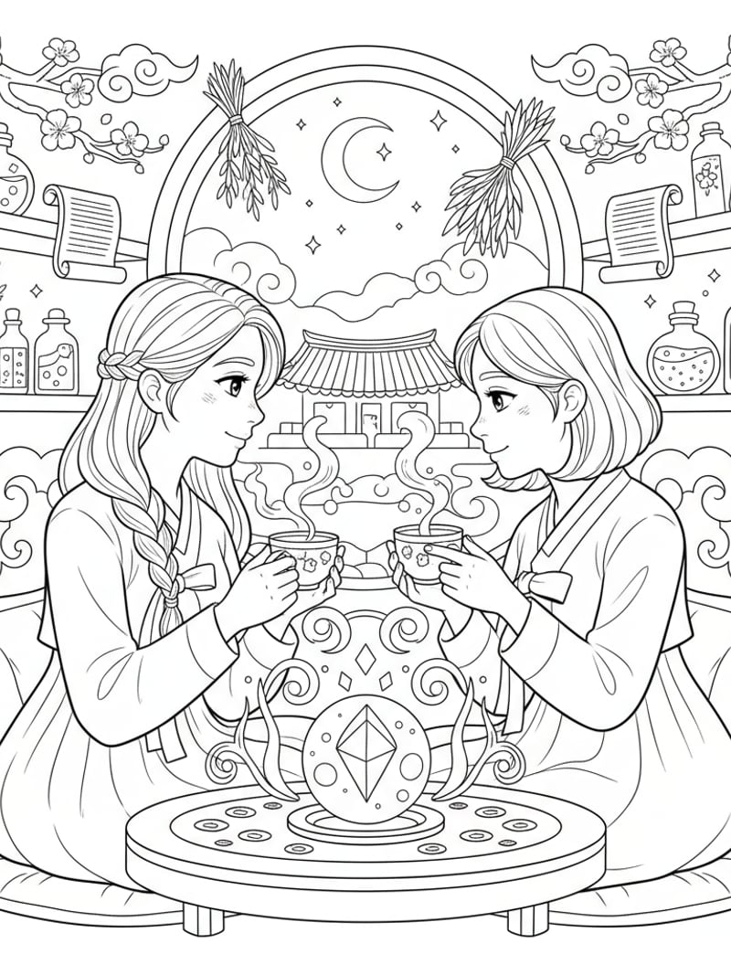 Zoey and Rumi sharing heart-to-heart moment at magical Korean clinic soft emotional scene