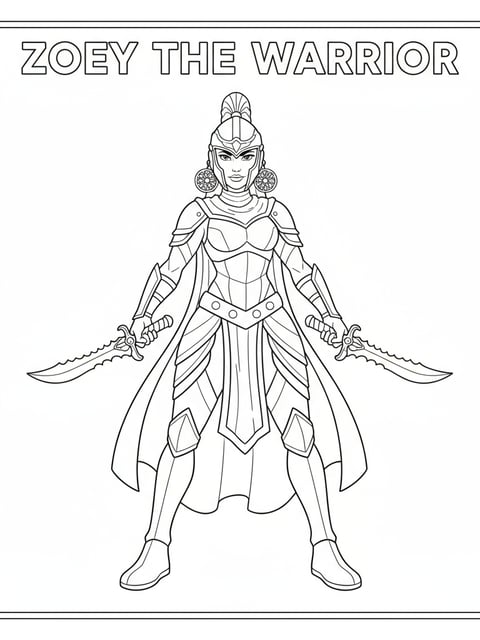Dibujo para colorear de Zoey con traje completo, pendientes y dagas Shin-Kal en pose confiada