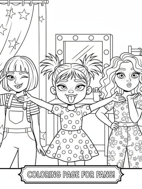 Dibujo para colorear de Zoey haciendo una cara graciosa entre bastidores con Rumi y Mira