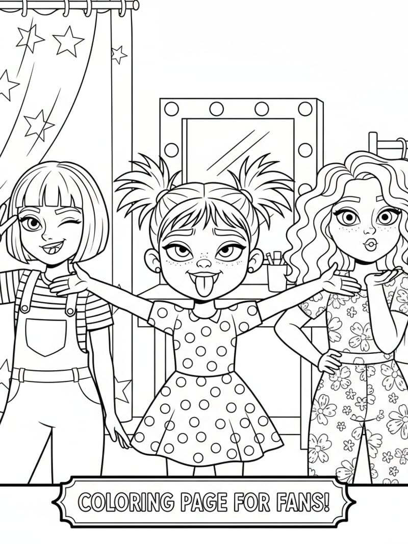 Zoey making silly face posing backstage with Rumi and Mira