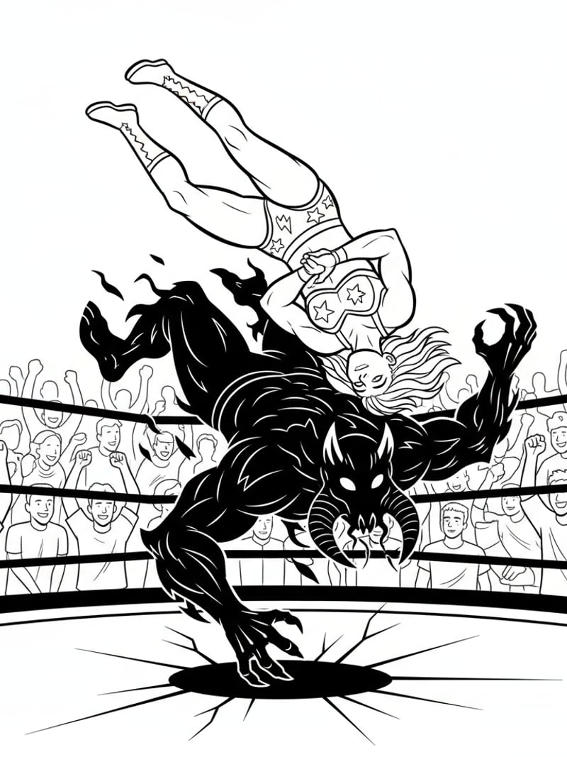 Zoey mid-action performing signature wrestling move on shadow demon dynamic battle scene