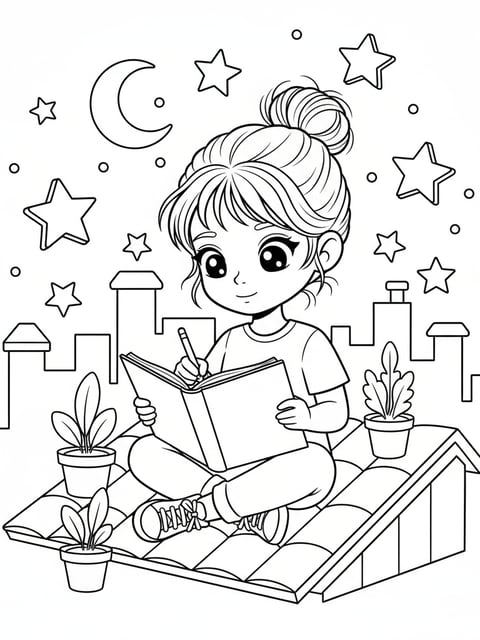 Dibujo para colorear de Zoey niña escribiendo letras en una azotea bajo las estrellas estilo anime