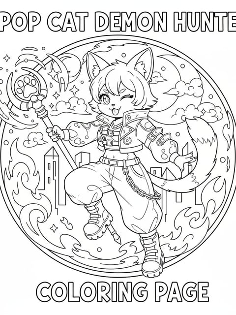 Dibujo para colorear de Rumi de KPOP Demon Hunters como gato estilo anime con destellos mágicos