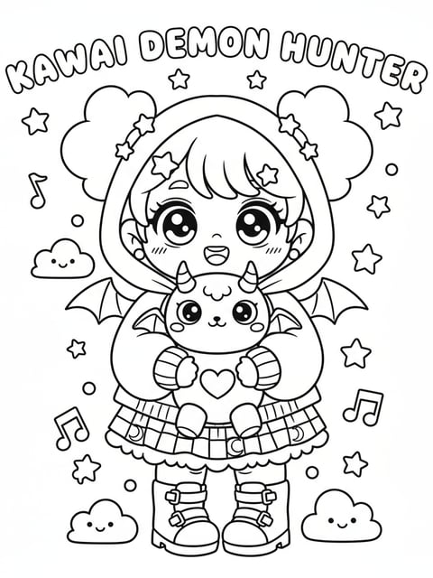 Dibujo para colorear de Baby Saja de KPOP Demon Hunters con ojos grandes y un peluche de demonio
