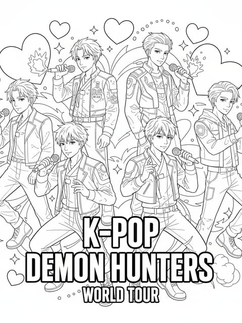 Dibujo para colorear tipo póster de boy band de K-pop Demon Hunters con micrófonos, corazones y destellos