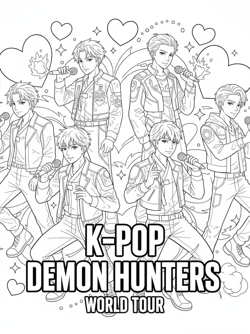 KPOP Demon Hunters boy band style poster with male characters microphones hearts and sparkles