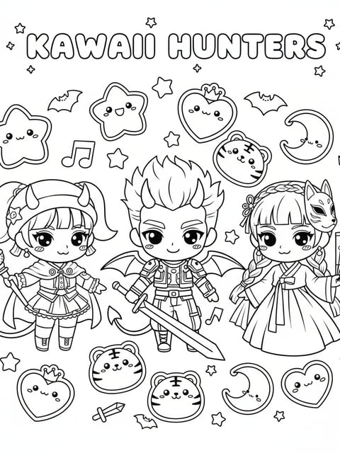 Dibujo para colorear de personajes chibi de KPOP Demon Hunters con pegatinas de estrellas, corazones y tigres