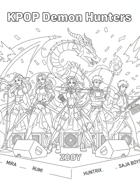 Dibujo para colorear de KPOP Demon Hunters con Mira, Rumi, Zoey, Huntrix y Saja Boys en concierto