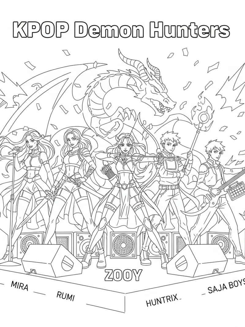KPOP Demon Hunters group portrait with Mira Rumi Zoey Huntrix and Saja Boys in concert scene