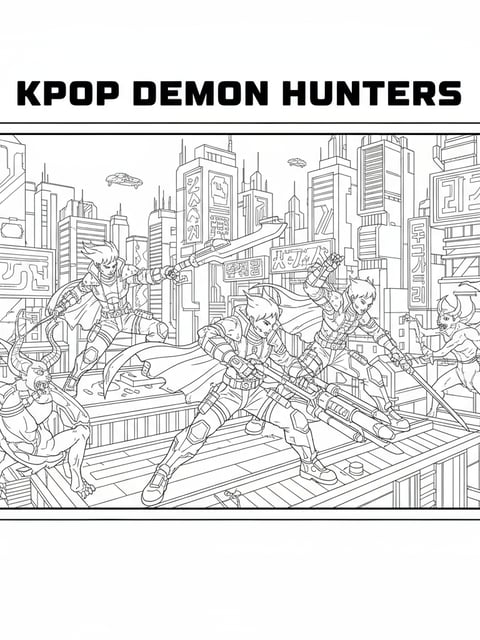 Dibujo para colorear de KPOP Demon Hunters en una ciudad cyberpunk con letreros de neón y trajes futuristas
