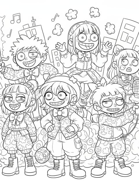 Dibujo para colorear de personajes de K-pop Demon Hunters en versión torpe y cómica con expresiones exageradas