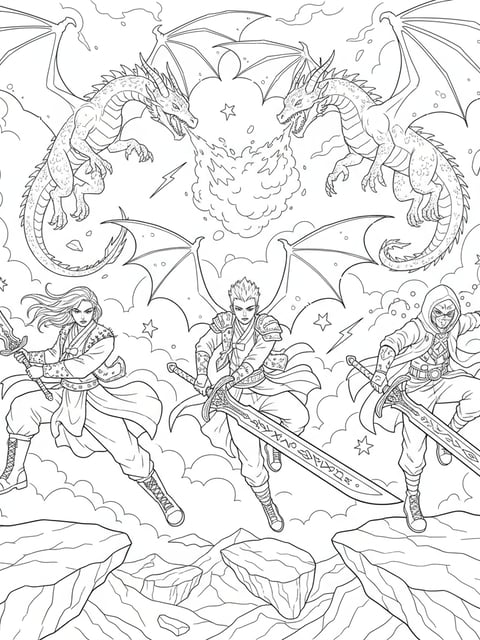 Dibujo para colorear de KPOP Demon Hunters en una batalla fantástica con espadas y dragones voladores