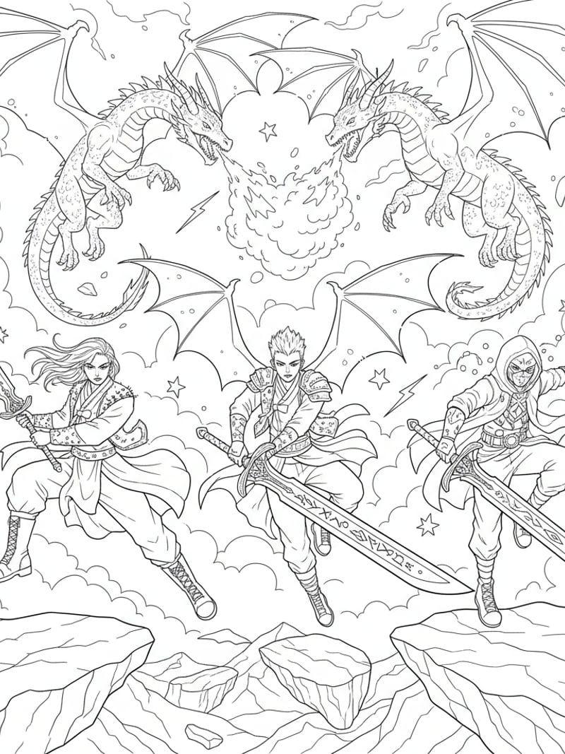 KPOP Demon Hunters in fantasy dragon battle scene with swords and flying dragons