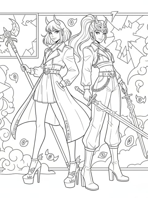 Dibujo para colorear de Mira y Rumi de K-pop Demon Hunters con atuendos de moda y tacones