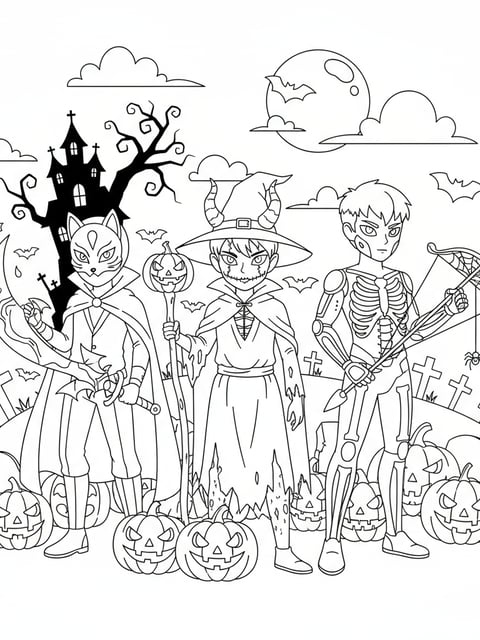 Dibujo para colorear de personajes de KPOP Demon Hunters en fiesta de Halloween con calabazas y murciélagos