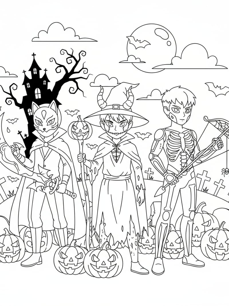 KPOP Demon Hunters characters in Halloween costumes with pumpkins bats and spooky background