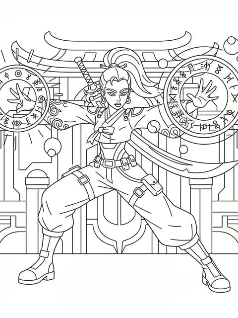 Dibujo para colorear de Huntrix de KPOP Demon Hunters lanzando un hechizo con runas y orbes mágicos